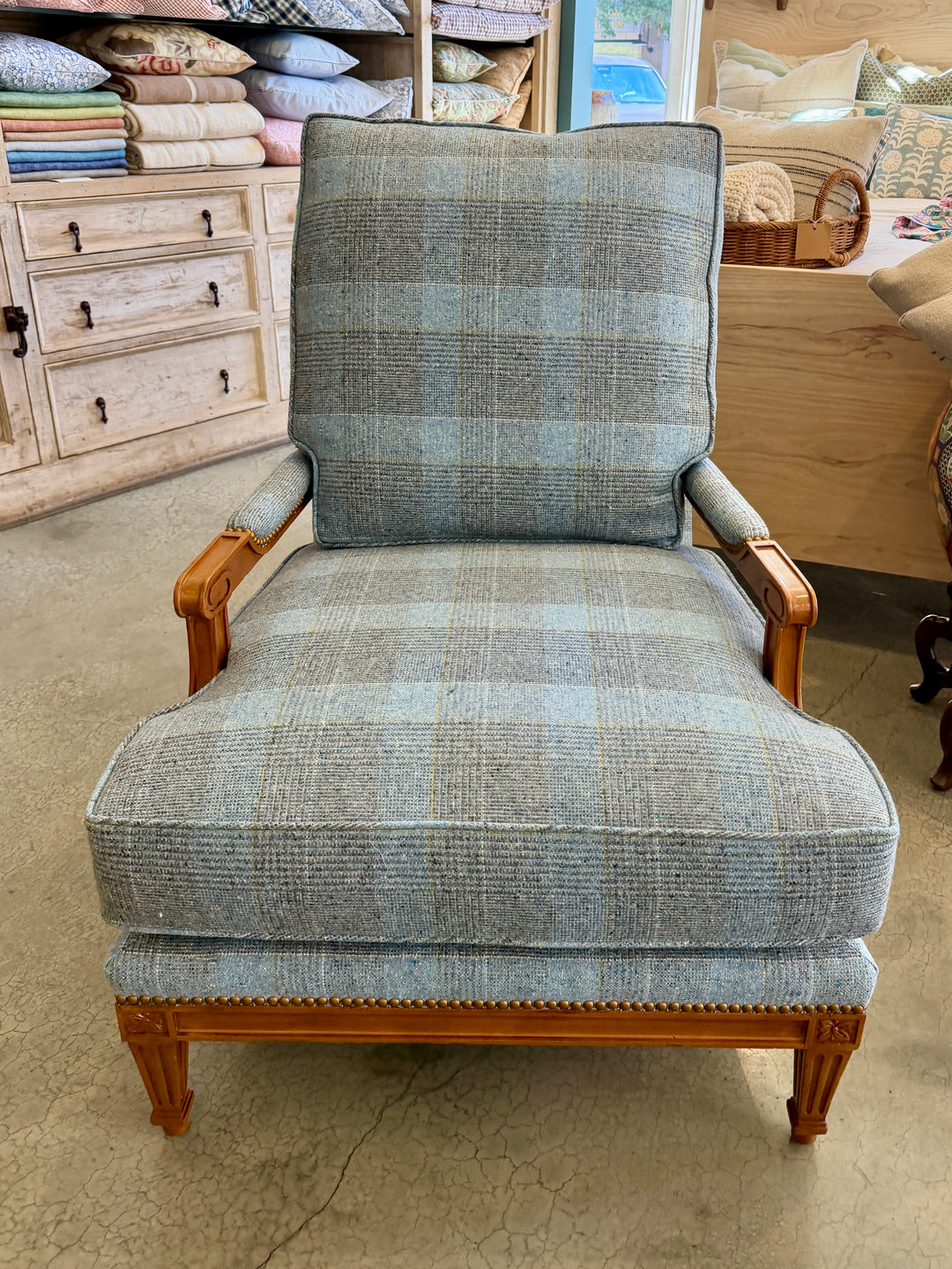 Vintage Oversized Lounge Chair Newly Upholstered in Chambray Wool Plaid