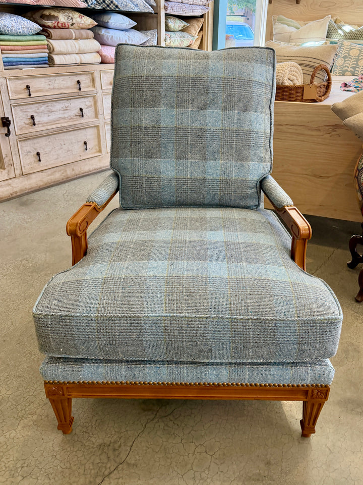 Vintage Oversized Lounge Chair Newly Upholstered in Chambray Wool Plaid