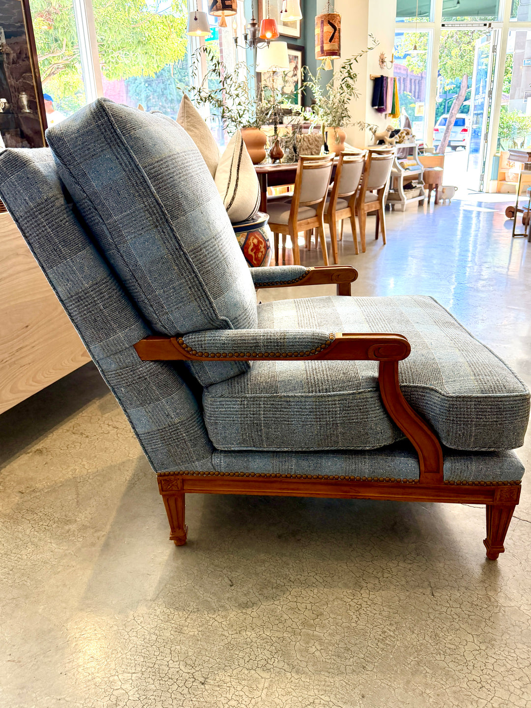 Vintage Oversized Lounge Chair Newly Upholstered in Chambray Wool Plaid