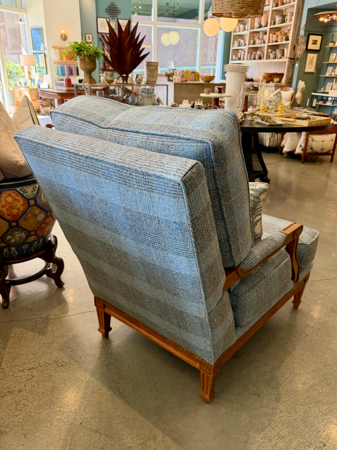 Vintage Oversized Lounge Chair Newly Upholstered in Chambray Wool Plaid