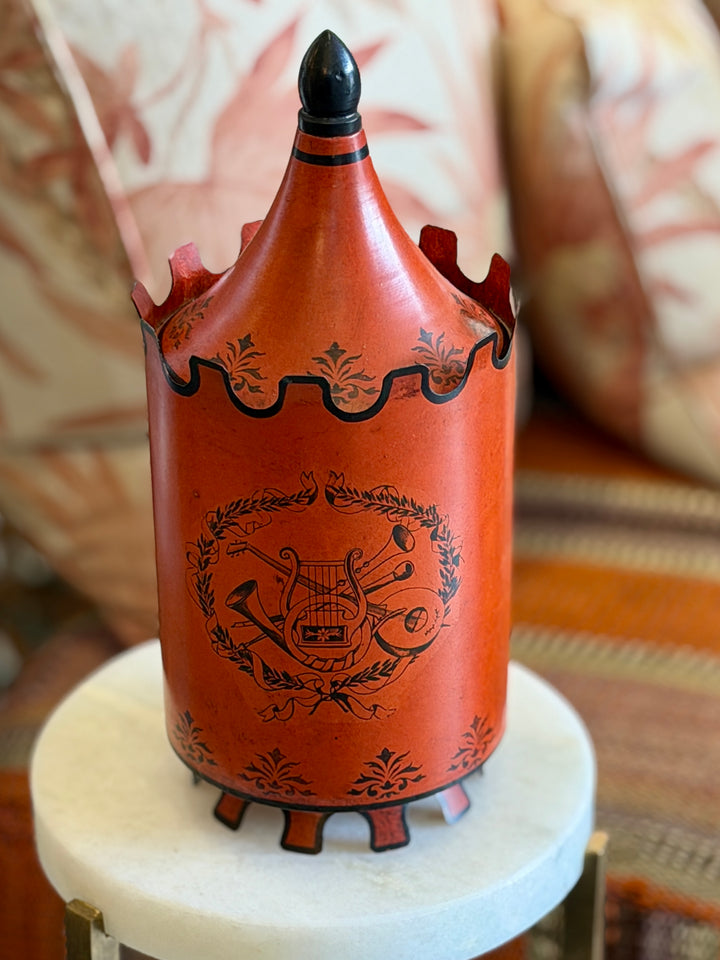 VIntage Italian Tolware Covered Urn w/ Painted Musical Motif