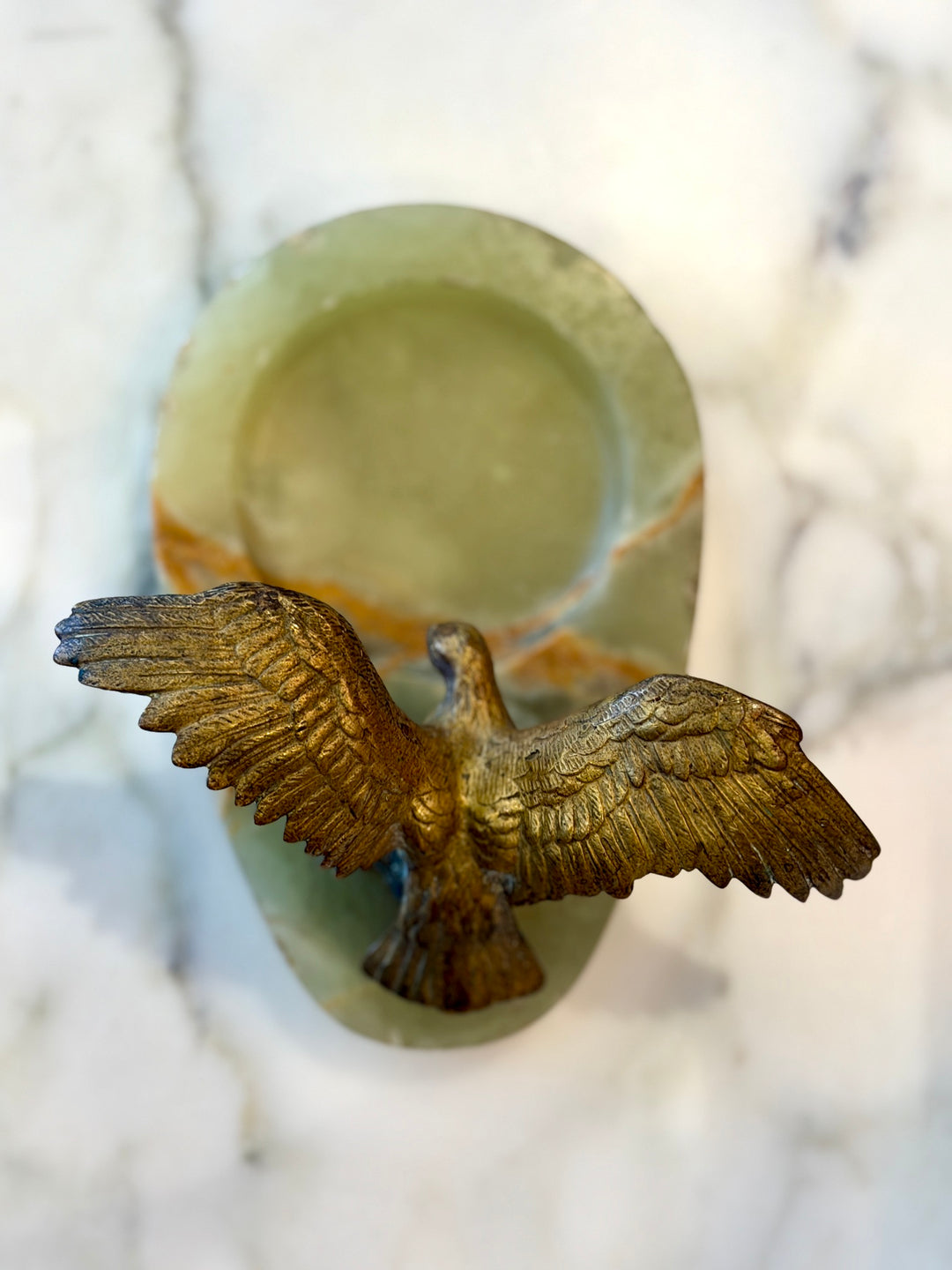 Antique Green Onyx Trinket Dish w/ Mounted Brass Eagle