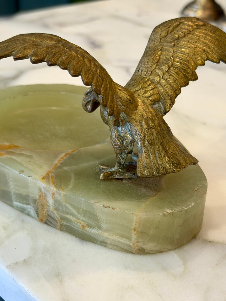 Antique Green Onyx Trinket Dish w/ Mounted Brass Eagle