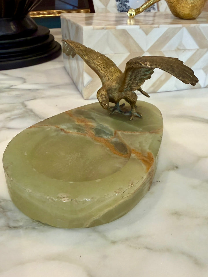 Antique Green Onyx Trinket Dish w/ Mounted Brass Eagle