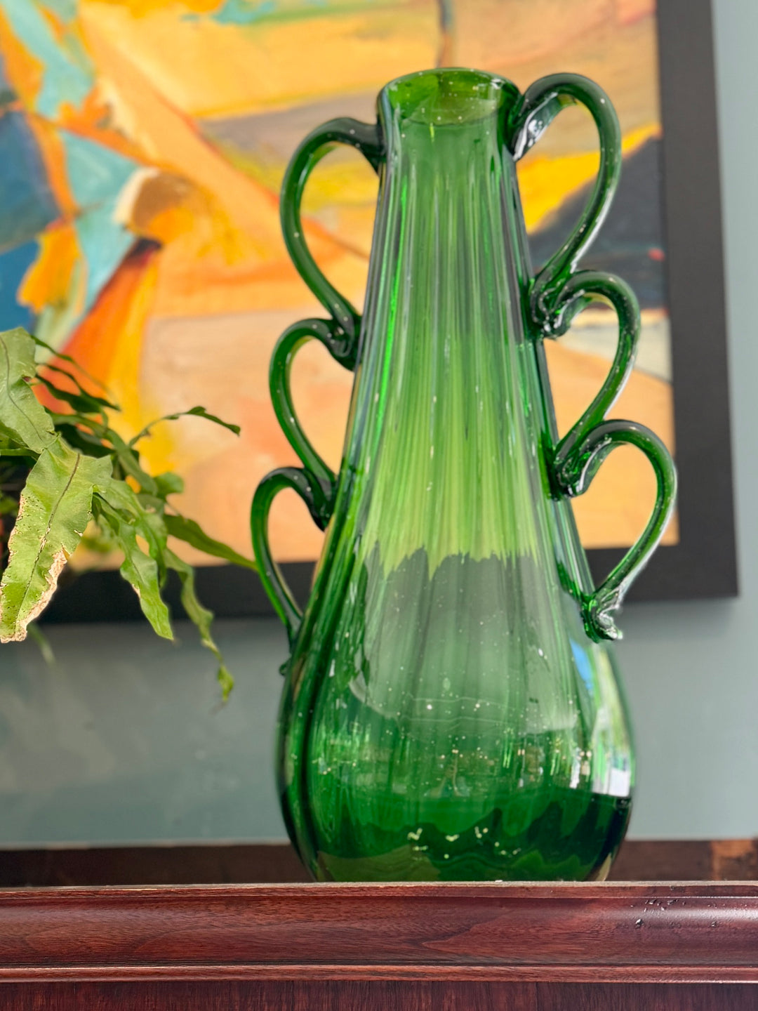 Mid-Century Italian Hand Blown Emerald  Green Glass Vase w/ Loop Handles