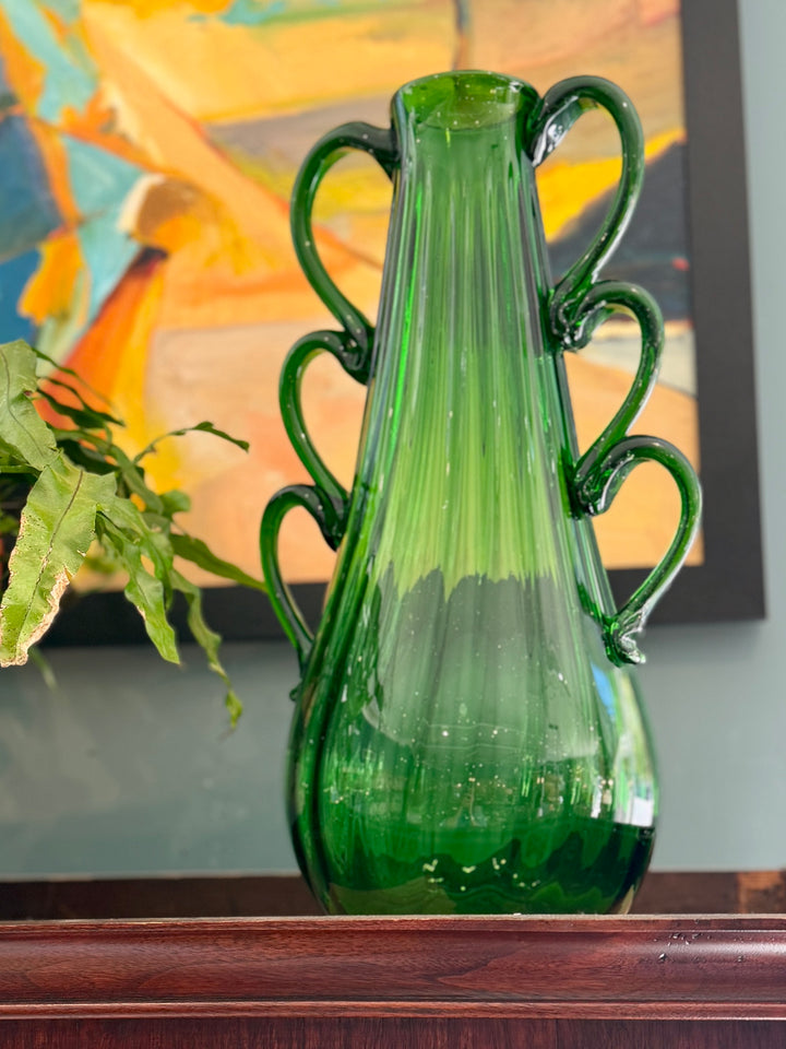 Mid-Century Italian Hand Blown Emerald  Green Glass Vase w/ Loop Handles