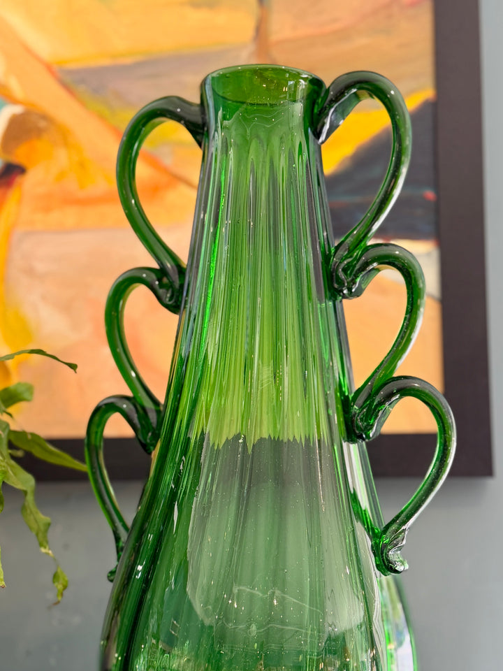 Mid-Century Italian Hand Blown Emerald  Green Glass Vase w/ Loop Handles