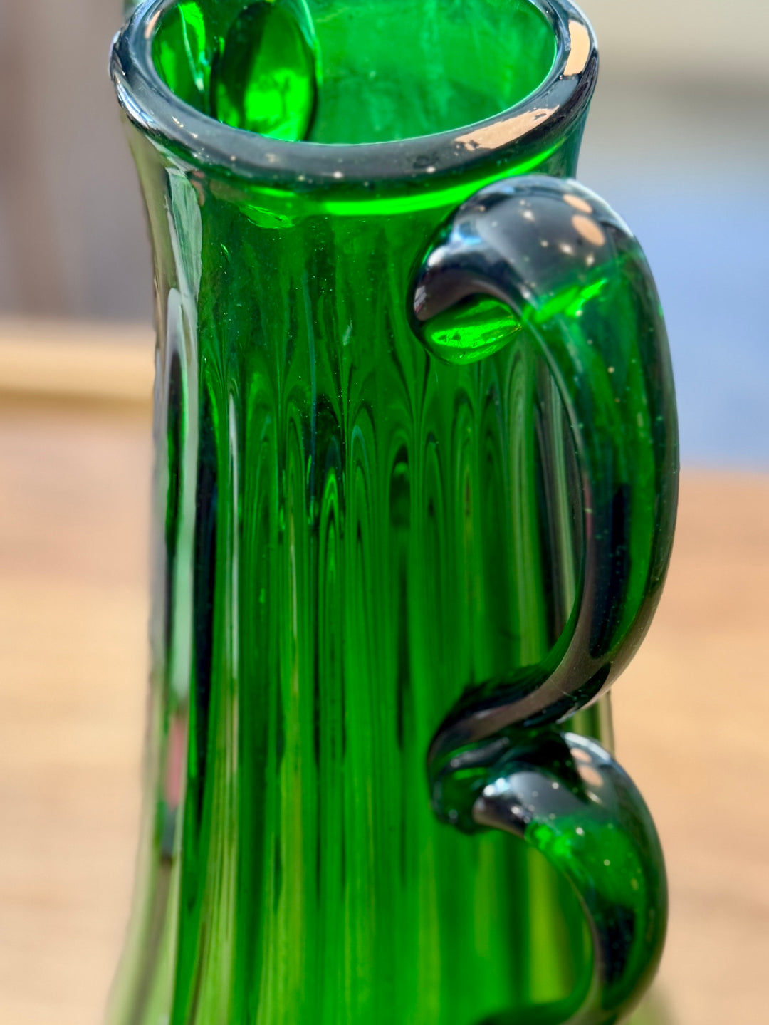 Mid-Century Italian Hand Blown Emerald  Green Glass Vase w/ Loop Handles