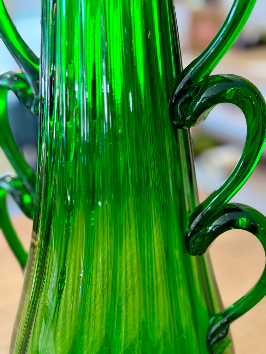 Mid-Century Italian Hand Blown Emerald  Green Glass Vase w/ Loop Handles