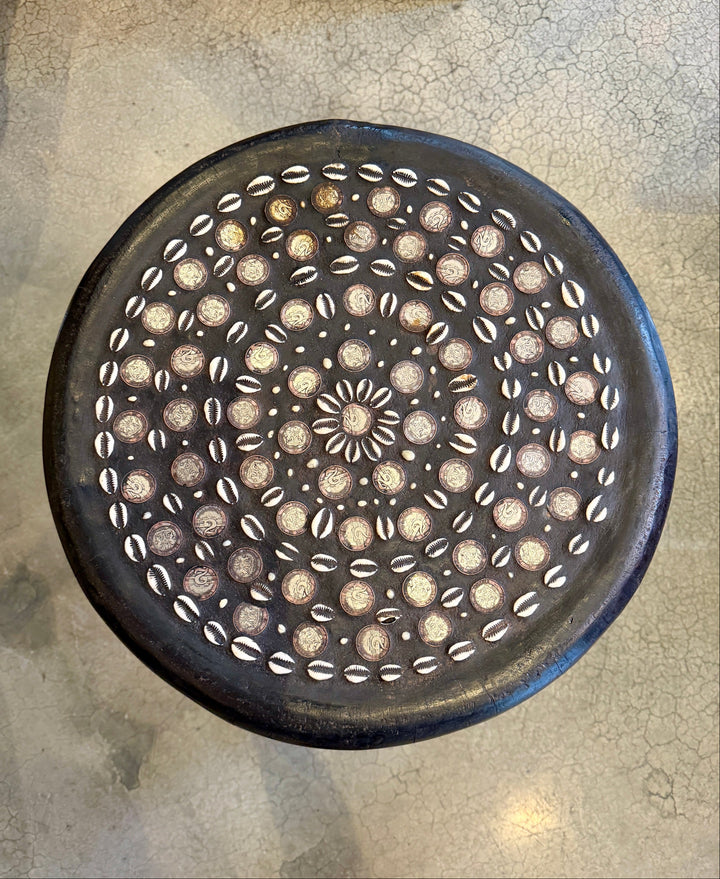 Hand-Carved  + Inlaid Wood Stool / Table,  Africa