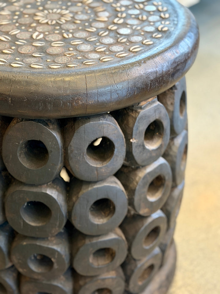 Hand-Carved  + Inlaid Wood Stool / Table,  Africa