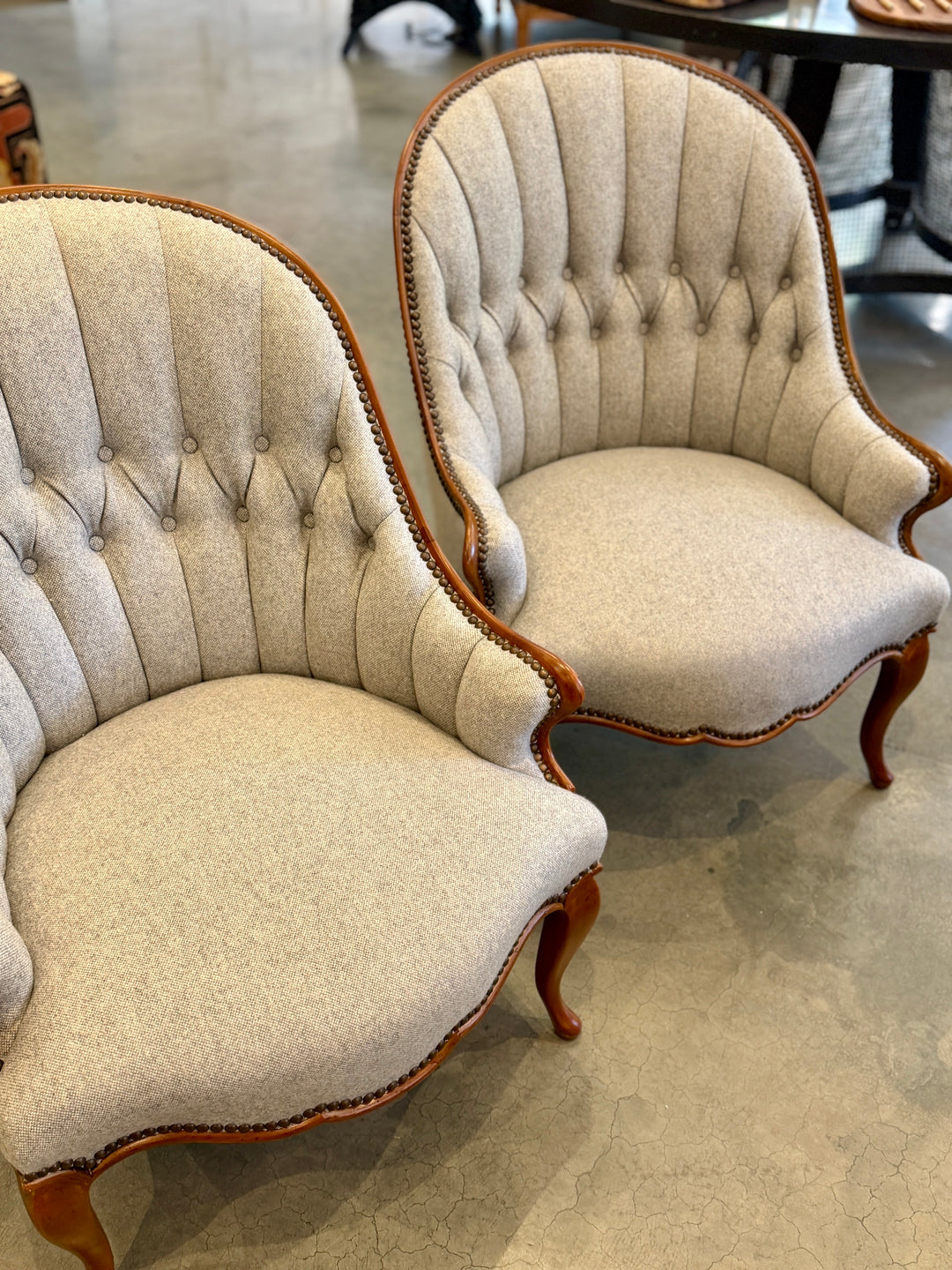 Vintage Victorian Style Spoon Back Chairs in Blue-Grey Wool | Pair