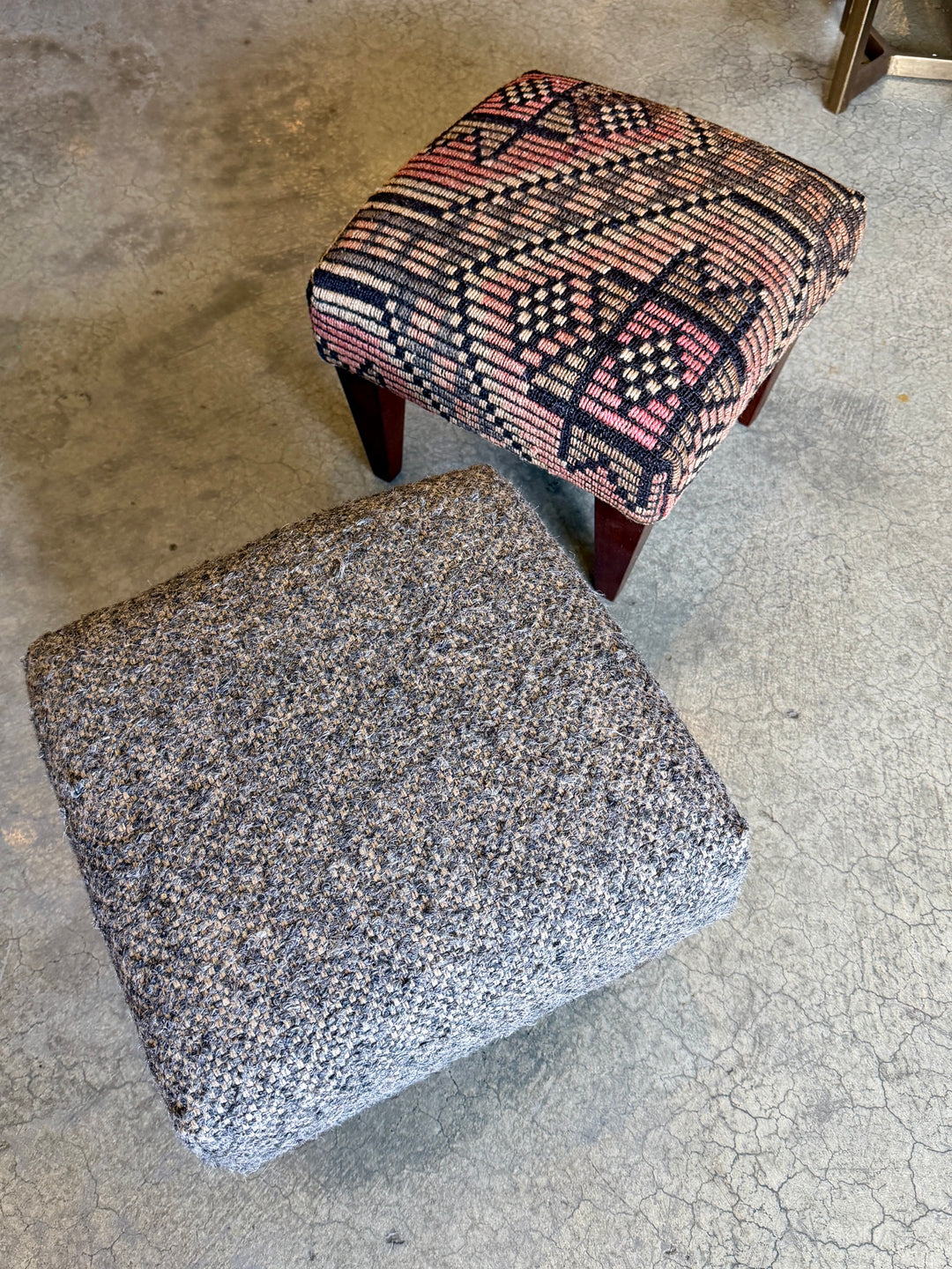 Custom Footstool Upholstered in a Vintage Patterned Rug, Turkey with Wood Legs