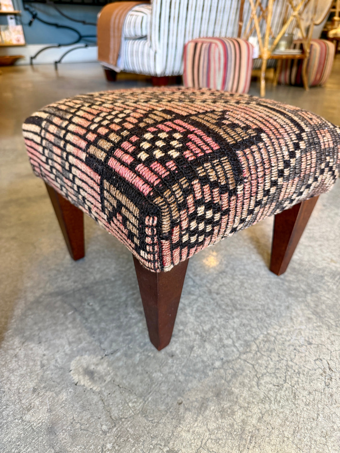 Custom Footstool Upholstered in a Vintage Patterned Rug, Turkey with Wood Legs