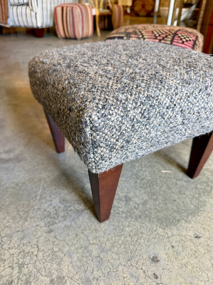 Custom Footstool Upholstered in a Wool Tweed with Wood Legs