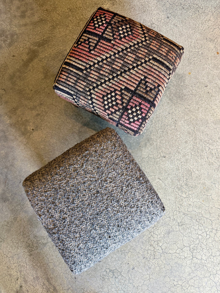 Custom Footstool Upholstered in a Wool Tweed with Wood Legs