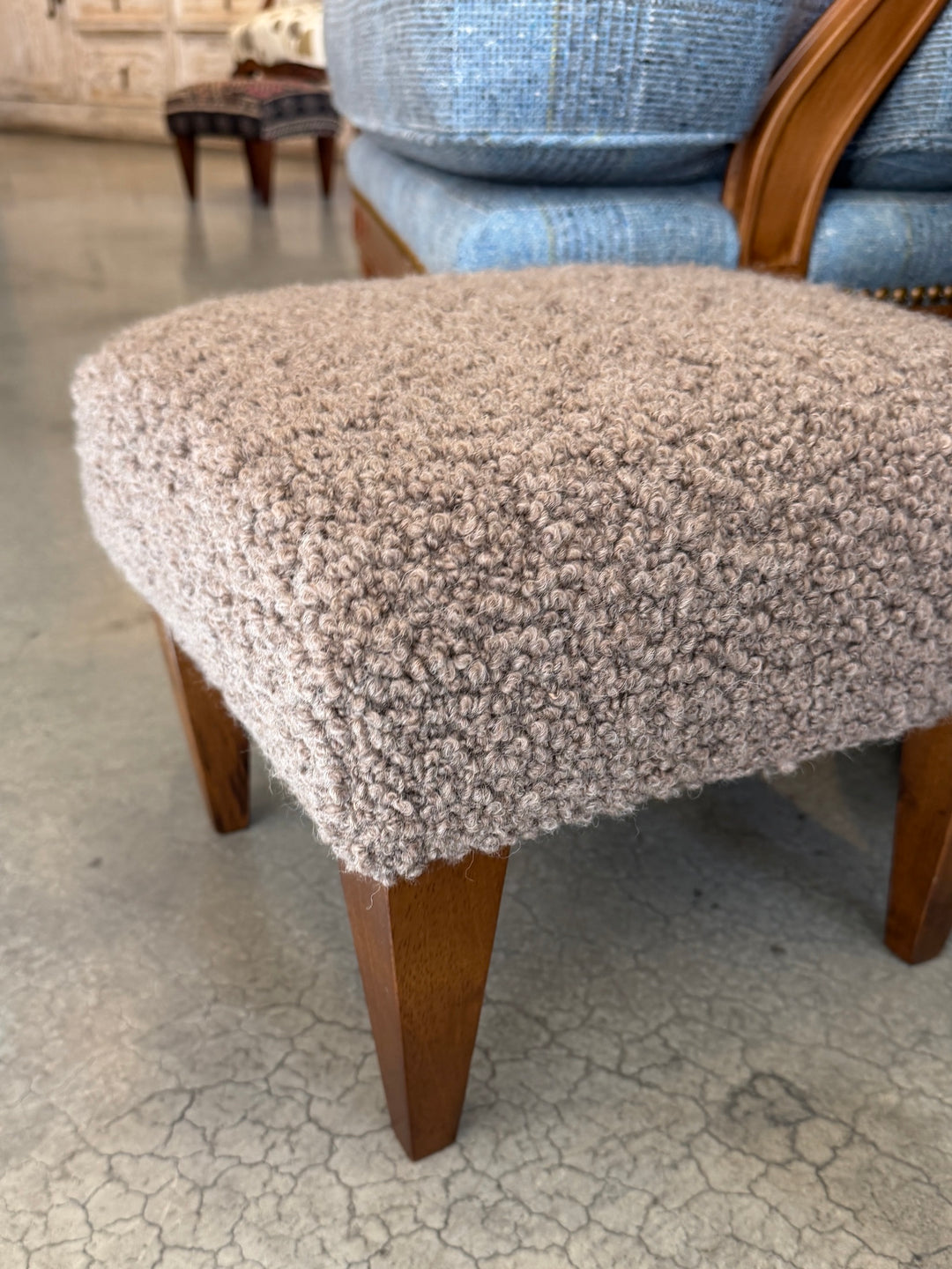 Custom Footstool Upholstered in a Mushroom Alpaca Boucle with Wood Legs
