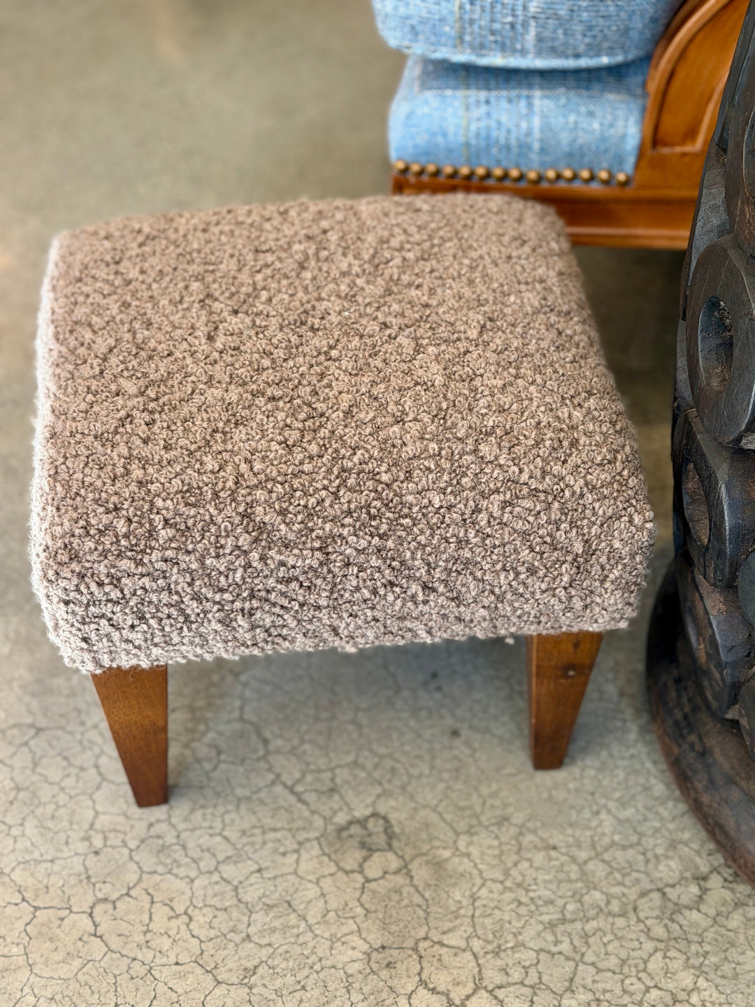 Custom Footstool Upholstered in a Mushroom Alpaca Boucle with Wood Legs