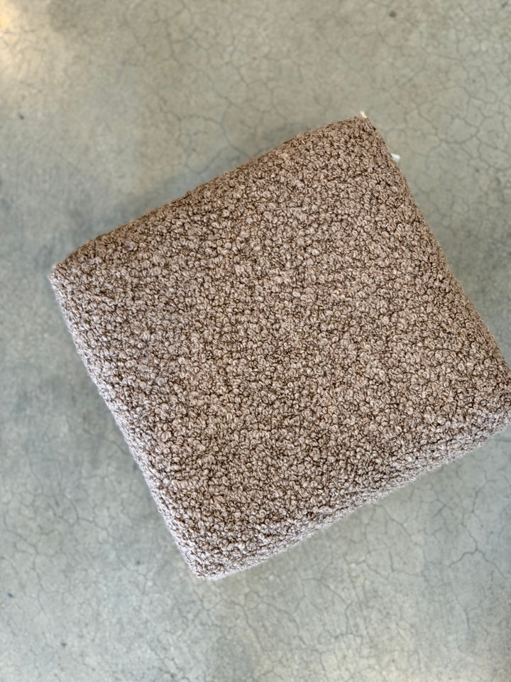 Custom Footstool Upholstered in a Mushroom Alpaca Boucle with Wood Legs