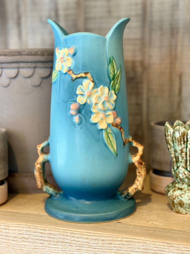 Vintage Roseville Pottery Blue Apple Blossom Vase c 1948