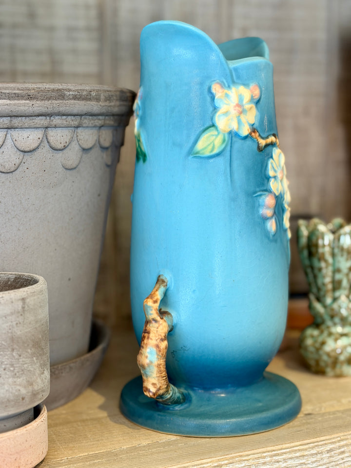 Vintage Roseville Pottery Blue Apple Blossom Vase c 1948