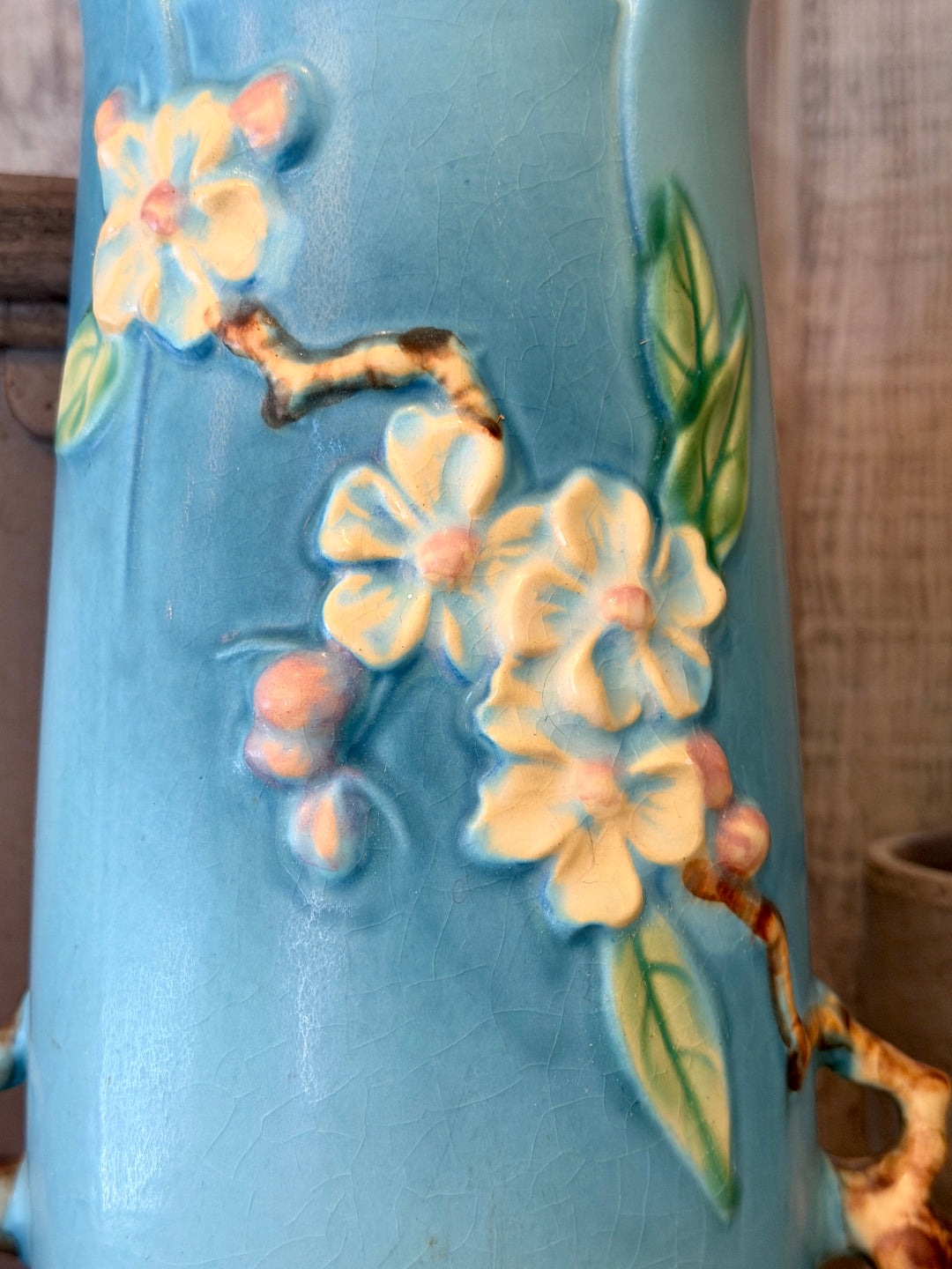 Vintage Roseville Pottery Blue Apple Blossom Vase c 1948