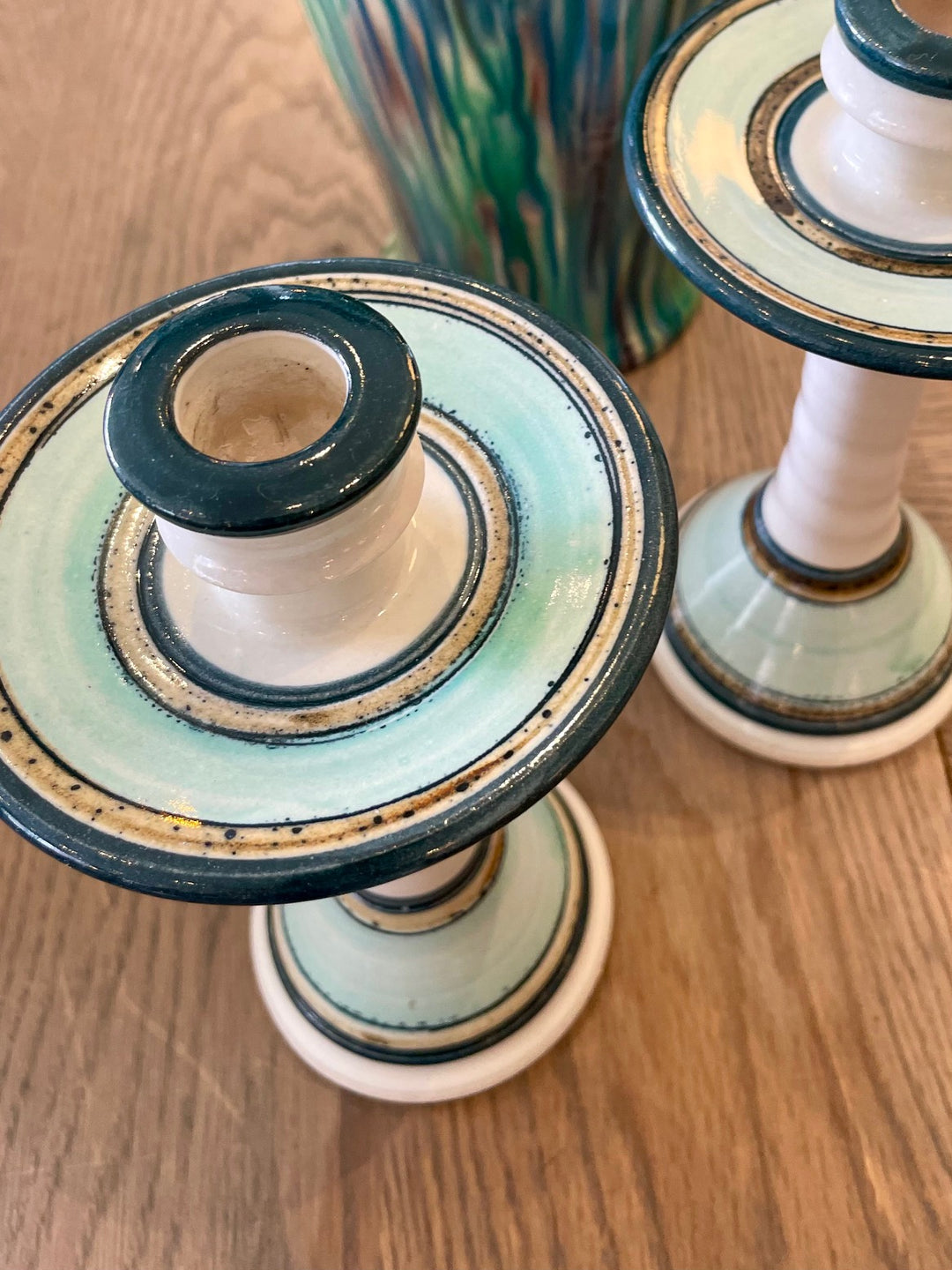 Vintage Striped Pottery Candlesticks with Drip Catcher| Pair