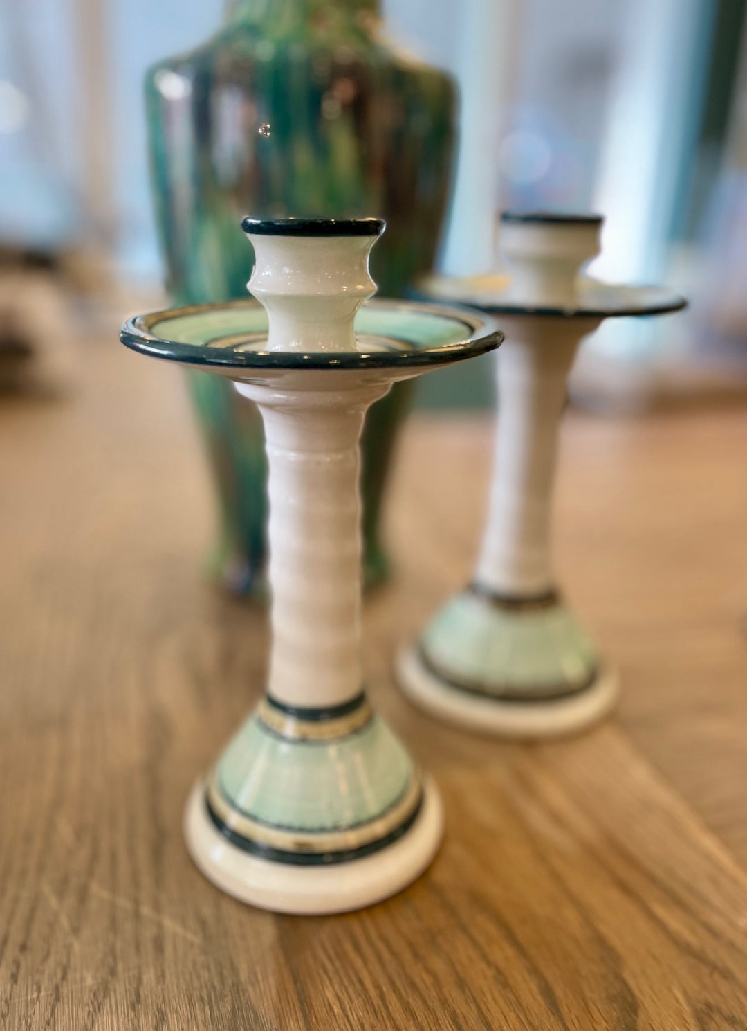 Vintage Striped Pottery Candlesticks with Drip Catcher| Pair