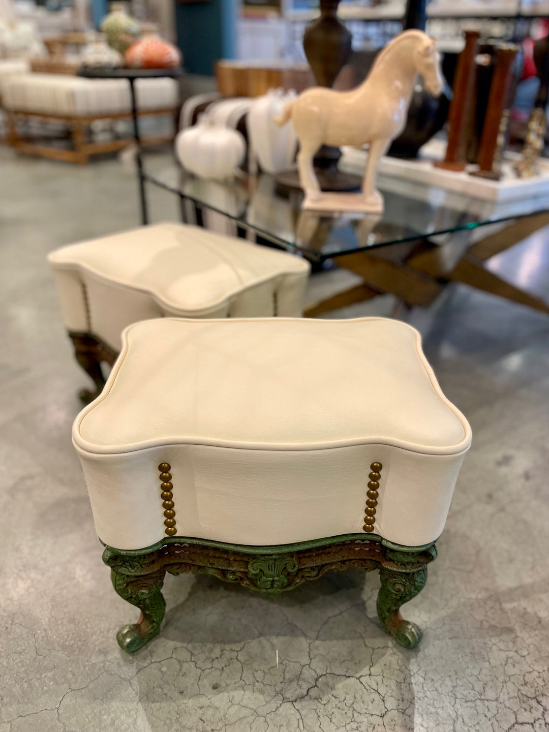 Vintage Cast Iron + Cream Leather Footstool w/ Nailhead Accents