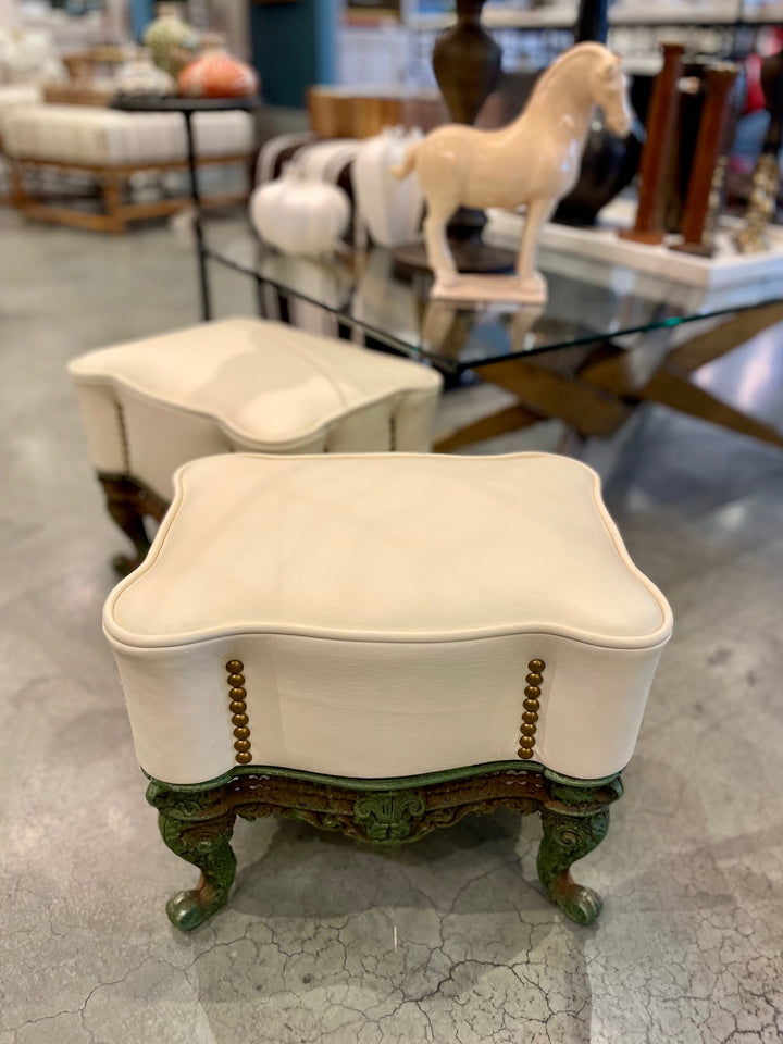 Vintage Cast Iron + Cream Leather Footstool w/ Nailhead Accents