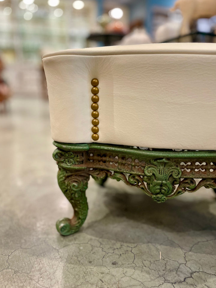 Vintage Cast Iron + Cream Leather Footstool w/ Nailhead Accents