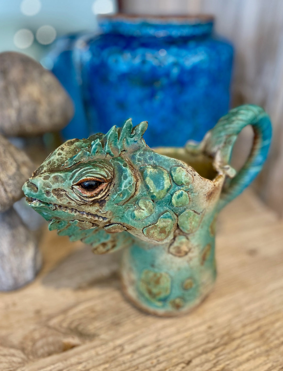 Vintage Hand Crafted Ceramic Pitcher of an Iguana Head