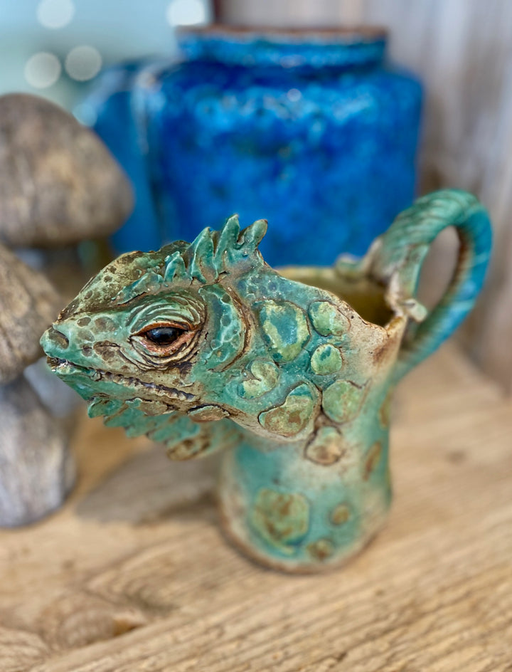 Vintage Hand Crafted Ceramic Pitcher of an Iguana Head