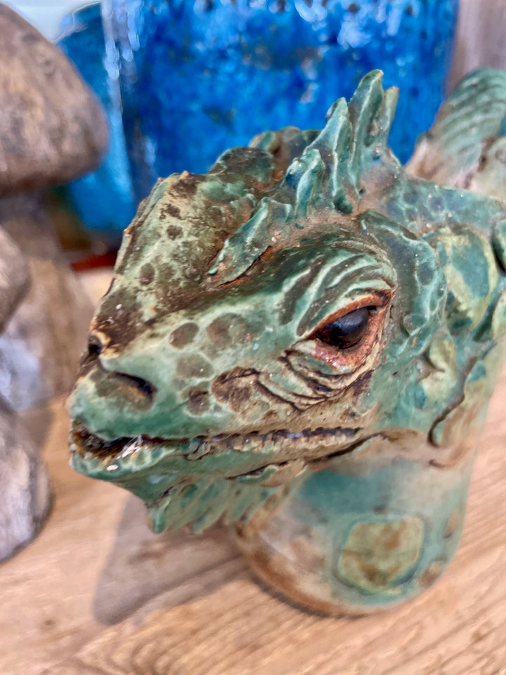 Vintage Hand Crafted Ceramic Pitcher of an Iguana Head