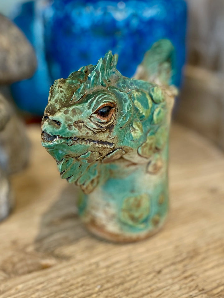 Vintage Hand Crafted Ceramic Pitcher of an Iguana Head