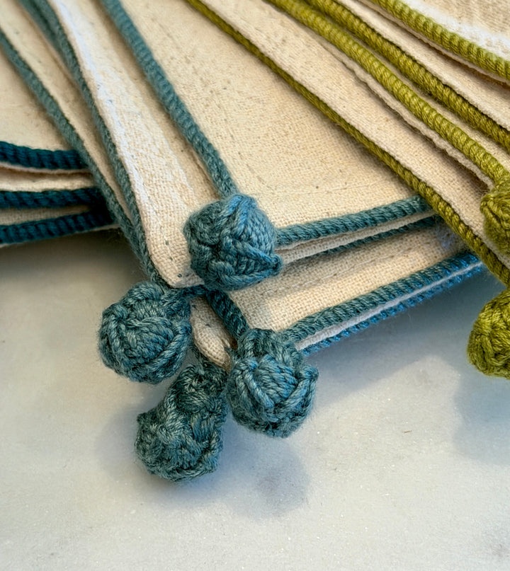 Valerie Barkowski Cotton Napkin w/ Hand Knotted Accents, Morocco | French Blue