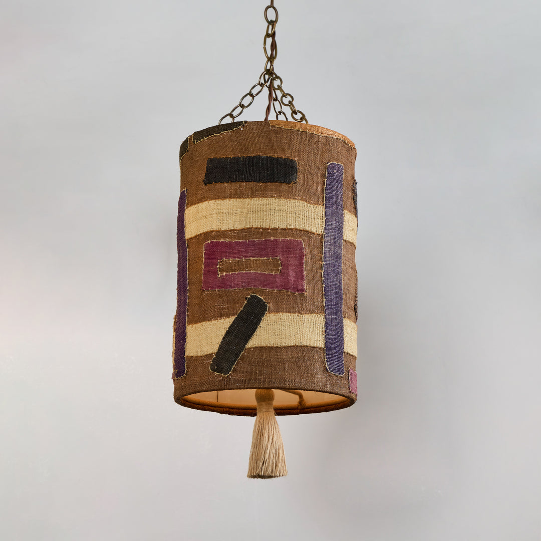 Custom Hanging Shade Pendant made from Vintage Kuba Cloth, Morocco