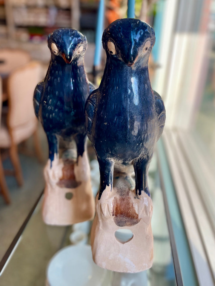 Reproduction Large Chinese Parrot Roof Tiles with Indigo Glaze | Pair