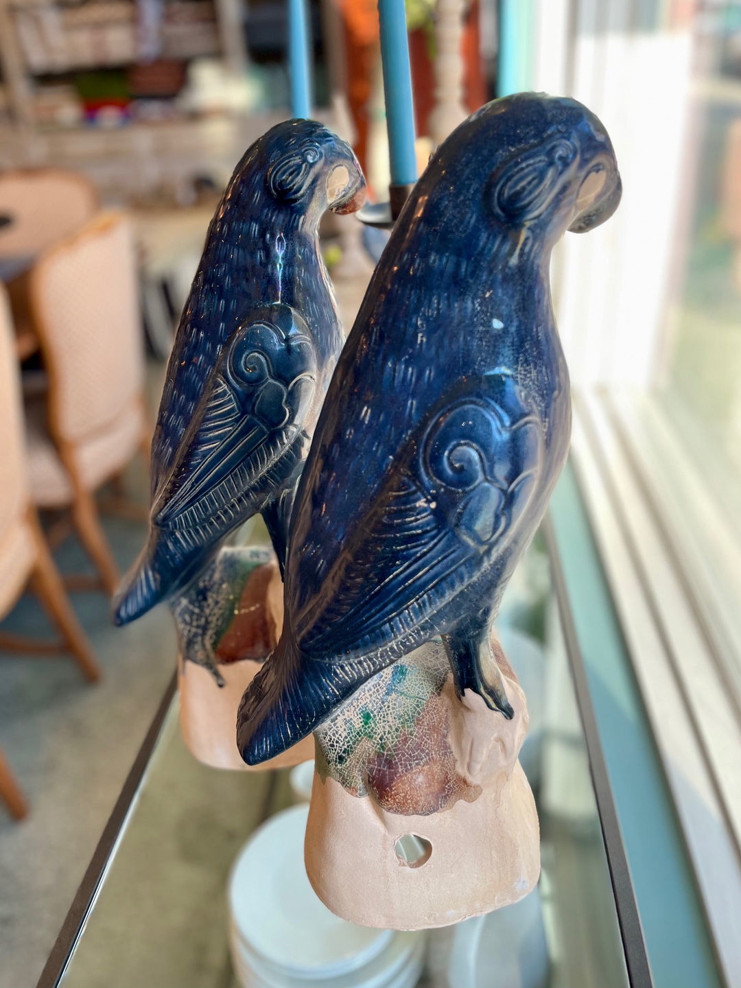 Reproduction Large Chinese Parrot Roof Tiles with Indigo Glaze | Pair