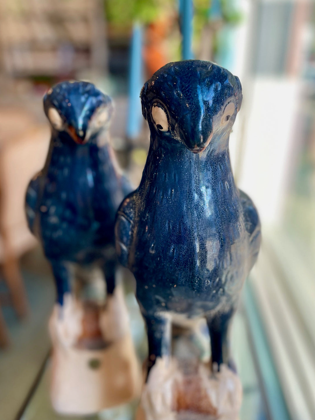 Reproduction Large Chinese Parrot Roof Tiles with Indigo Glaze | Pair