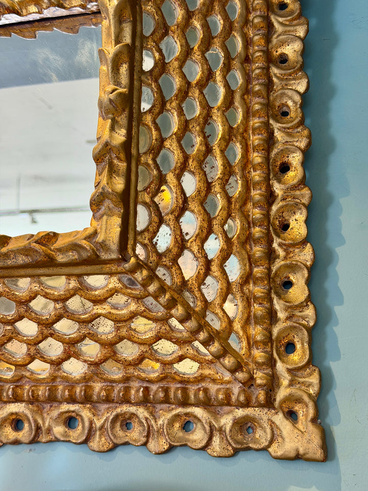 Vintage Spanish Colonial  Giltwood Square Mirror w/Fish Scale Mirror Insets