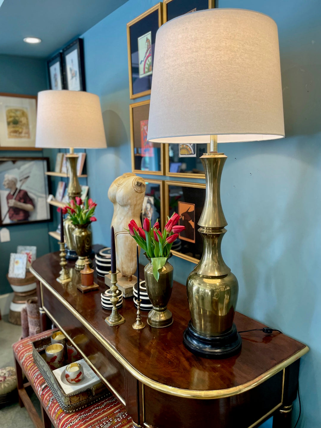 Vintage Large Scale Mid-Century Brass Table Lamps | Pair