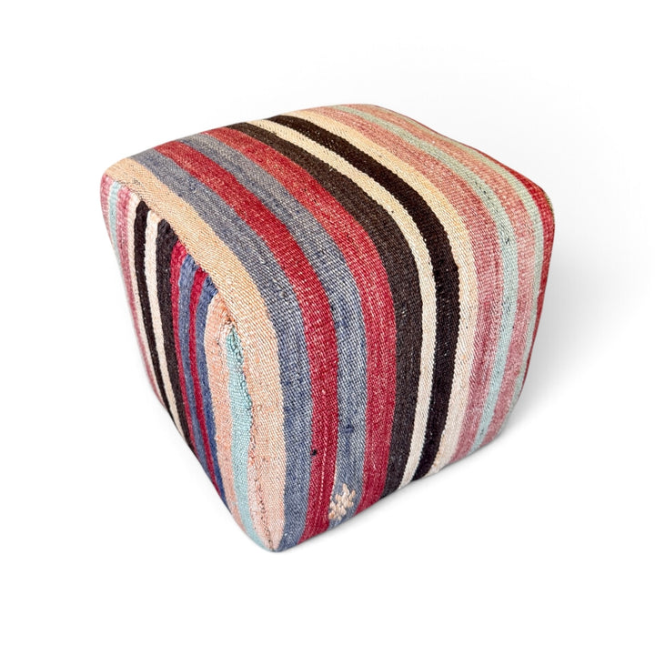 Custom 13" x 12" x 12" Cube Stool, Upholstered in Vintage Multicolor Stripe Wool Rug, Turkey