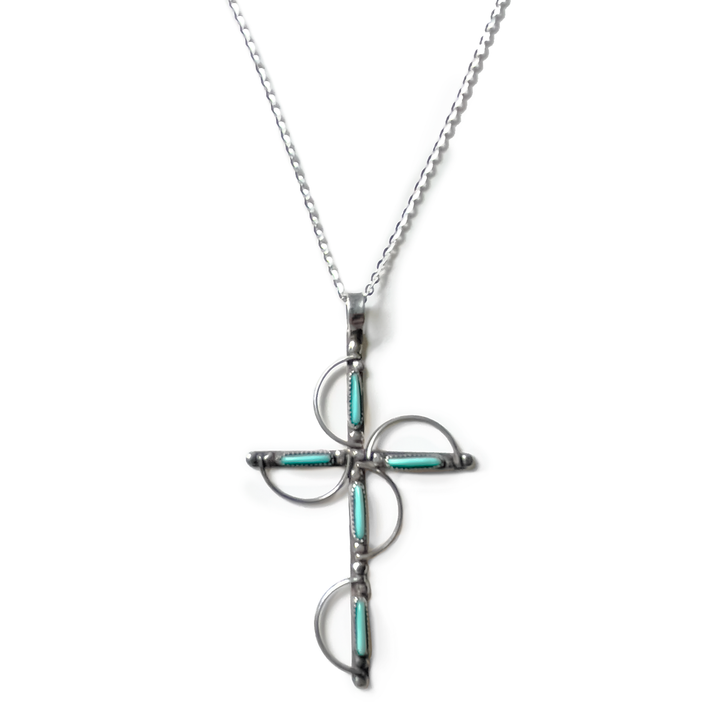 Vintage Sterling Silver + Turquoise Cross Necklace w/ New 18" Sterling Chain