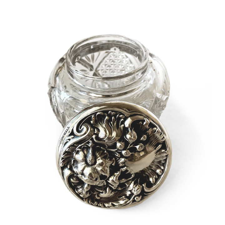 Vintage Cut Glass Round Jar w/ Floral Embossed Sterling Silver Lid