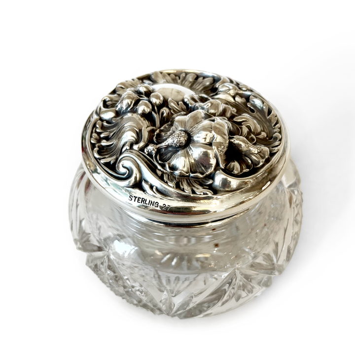 Vintage Cut Glass Round Jar w/ Floral Embossed Sterling Silver Lid