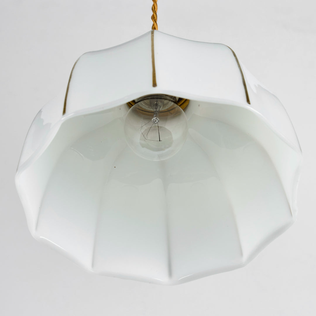 Vintage Milk Glass Pendant w/ Fluted Shade + Gold Detail