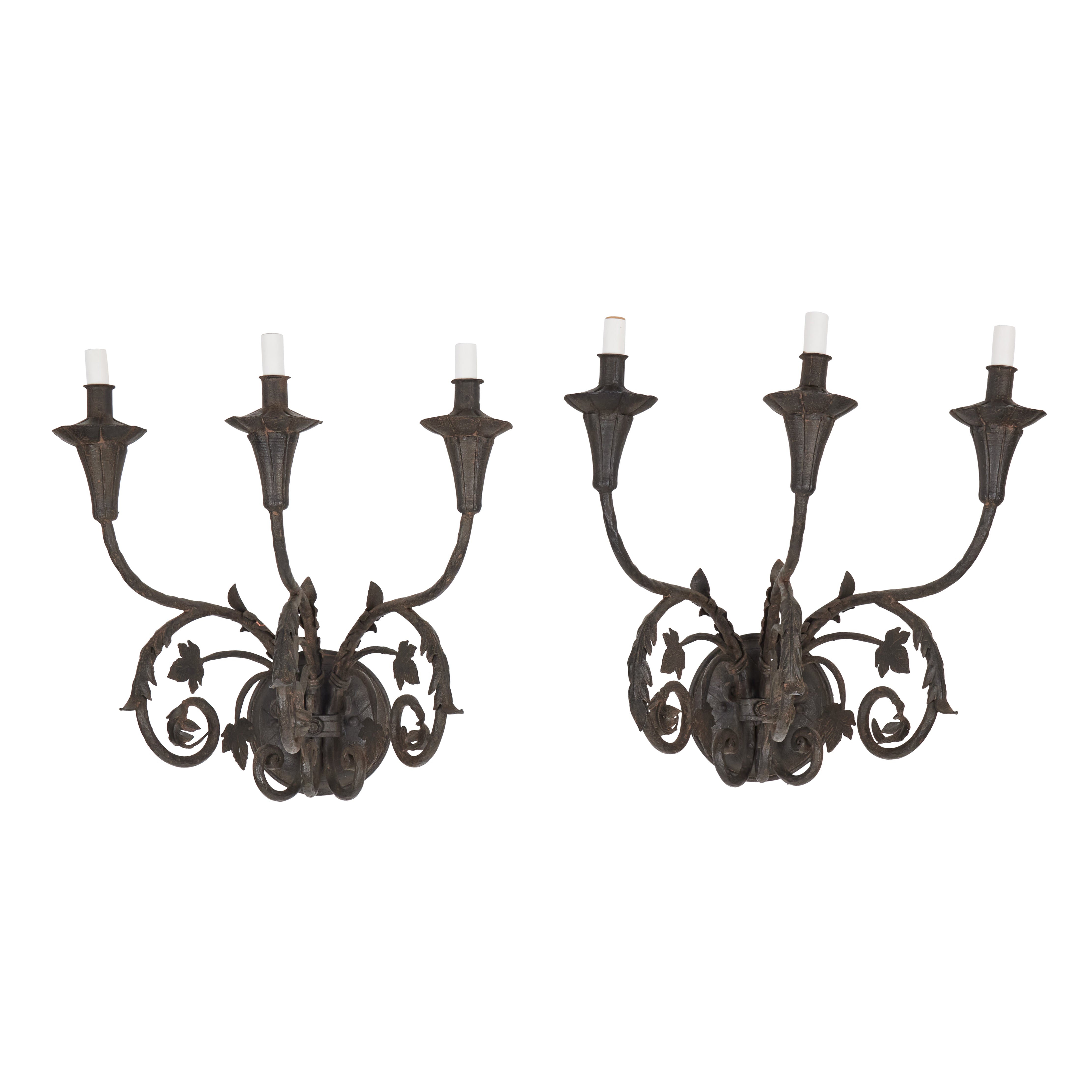 Vintage Large 3-Arm Iron Sconces with New 'French Iron' Finish | Pair ...