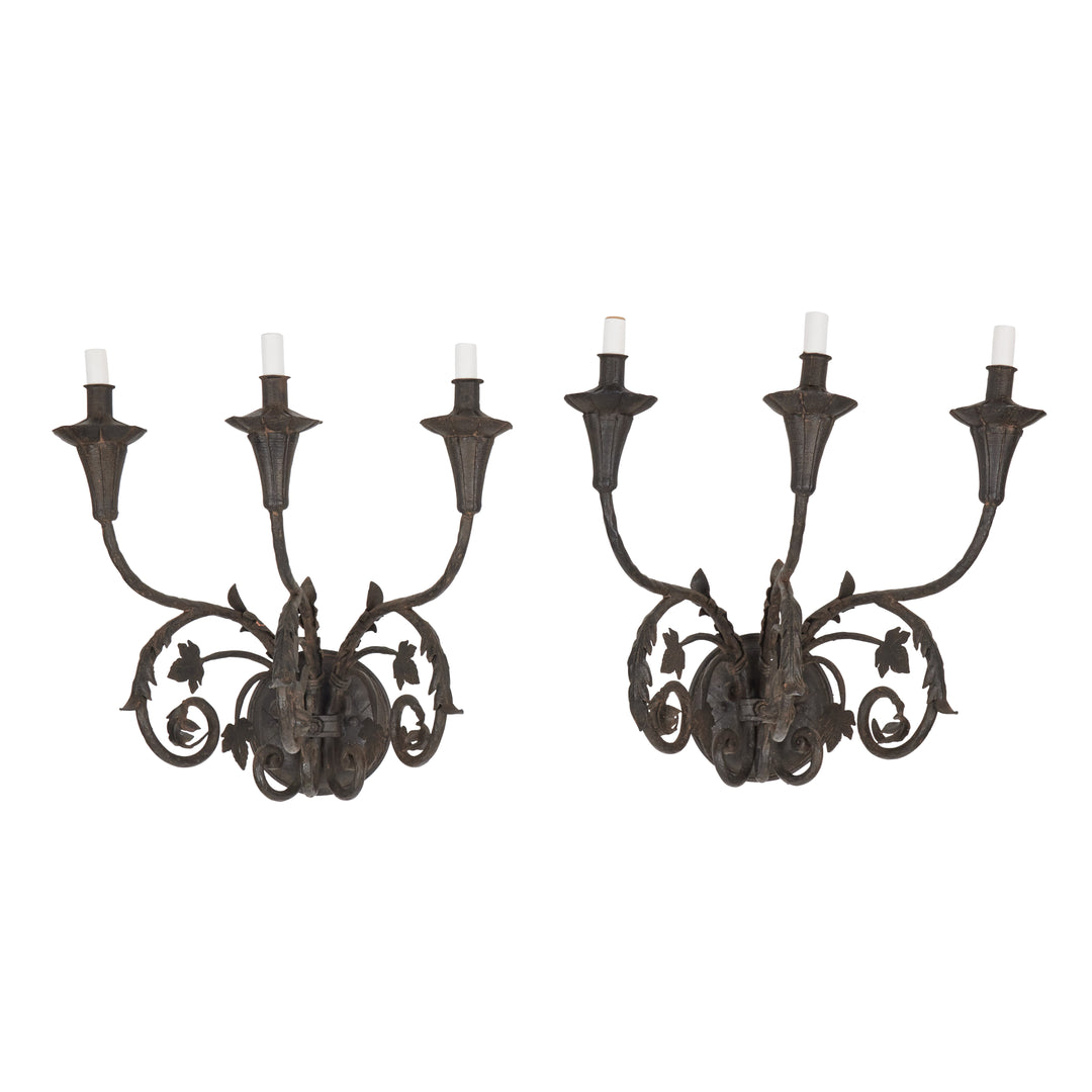 Vintage Large 3-Arm Iron Sconces with New 'French Iron' Finish | Pair