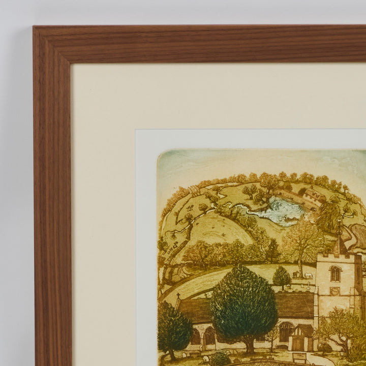 Vintage Hand Colored Lithograph of European Village Life, Newly Framed